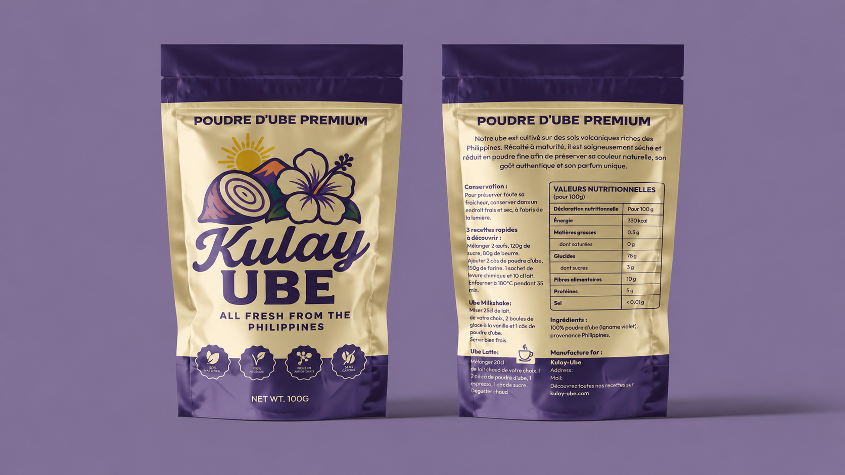 Sachet Kulay Ube face avant et face arrière sur fond violet