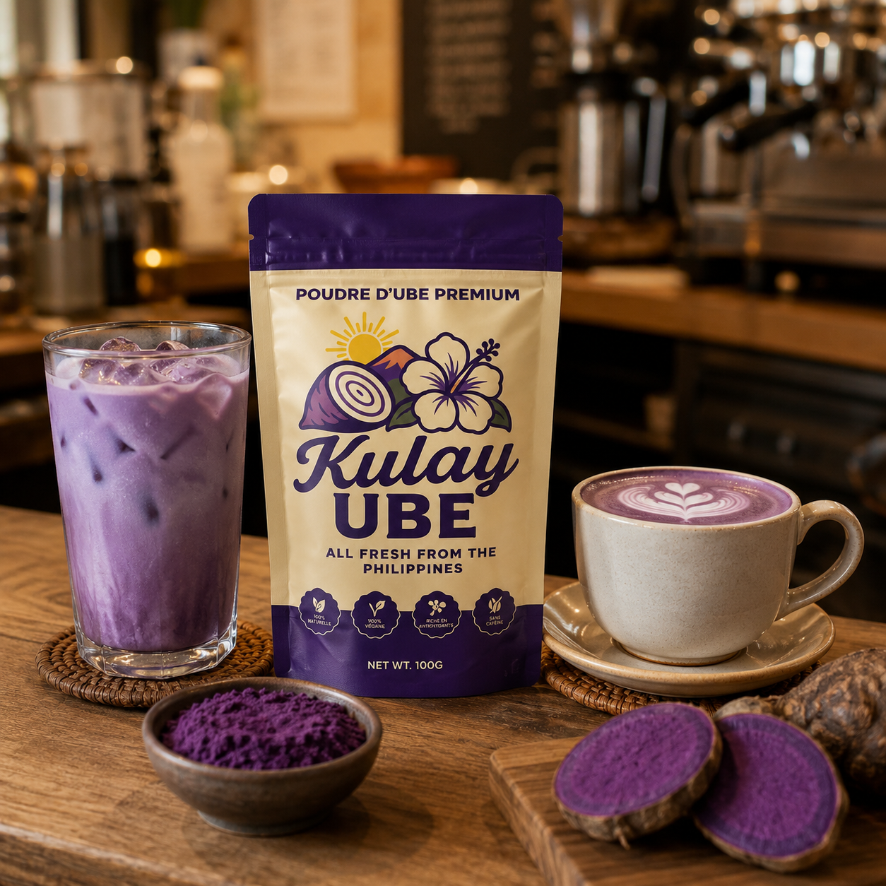 Sachet Kulay Ube avec un latte glacé et un latte chaud à l'ube sur un comptoir de café