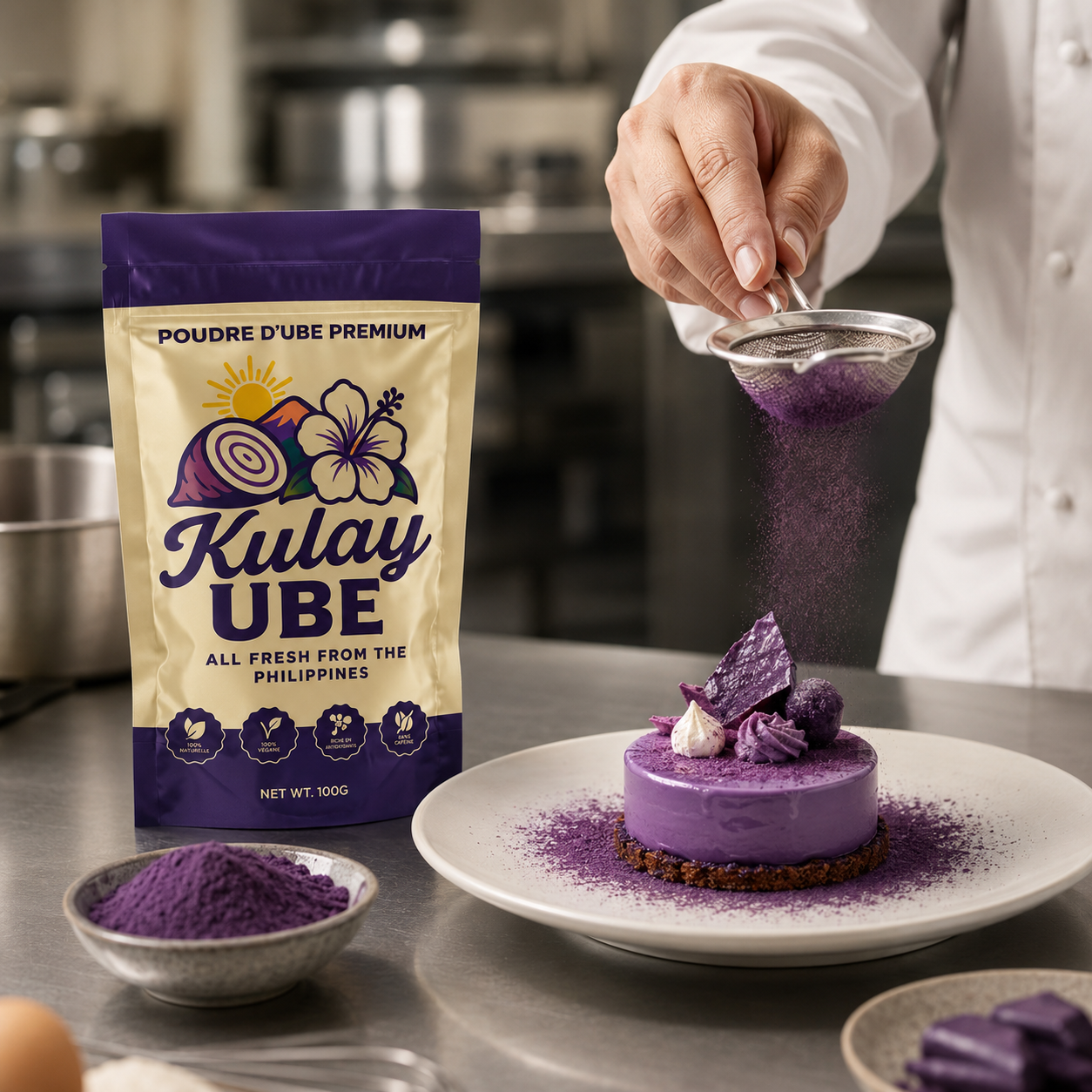 Chef saupoudrant de la poudre d'ube sur un entremets violet, sachet Kulay Ube à côté